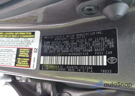 2022 Toyota Camry Se from USA, damaged, VIN 4T1T11AK8NU687448